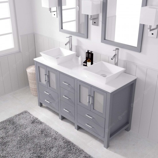 Bradford 60" Double Bath Vanity in Gray with White Engineered Stone Top with Brushed Nickel Faucets and Matching Mirror