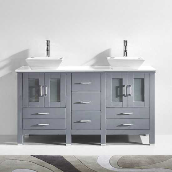 Bradford 60" Double Bath Vanity in Gray with White Engineered Stone Top