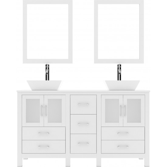 Bradford 60" Double Bath Vanity in White with White Engineered Stone Top and Matching Mirror