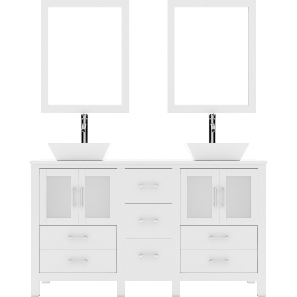 Bradford 60" Double Bath Vanity in White with White Engineered Stone Top and Matching Mirror