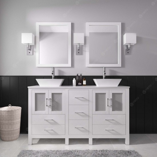 Bradford 60" Double Bath Vanity in White with White Engineered Stone Top and Matching Mirror