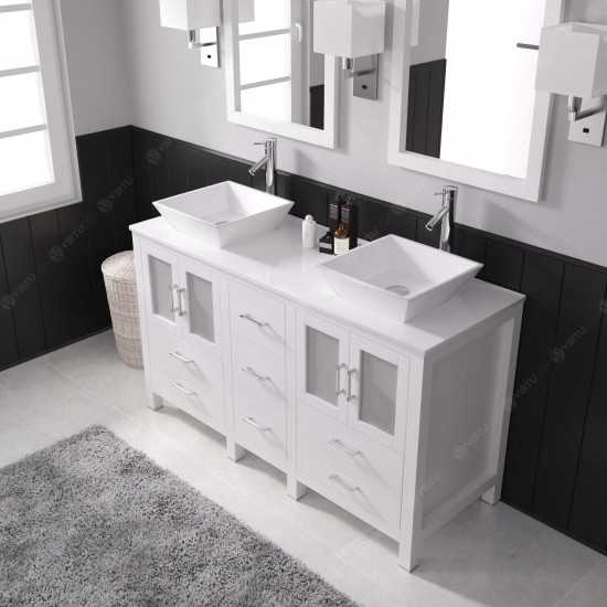 Bradford 60" Double Bath Vanity in White with White Engineered Stone Top and Matching Mirror