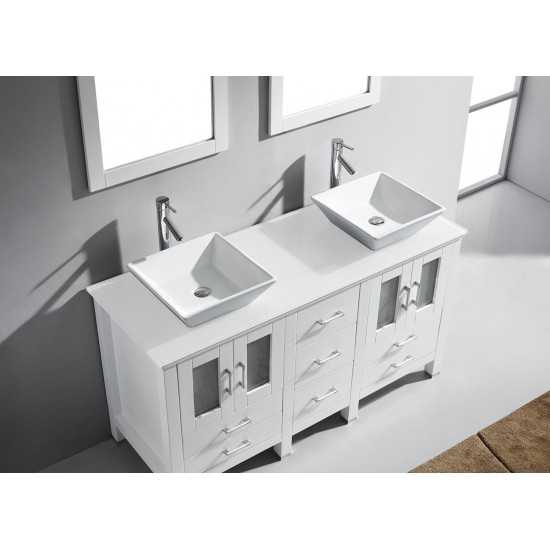 Bradford 60" Double Bath Vanity in White with White Engineered Stone Top and Matching Mirror