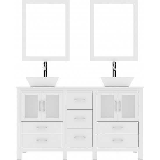 Bradford 60" Double Bath Vanity in White with White Engineered Stone Top with Brushed Nickel Faucets and Matching Mirror