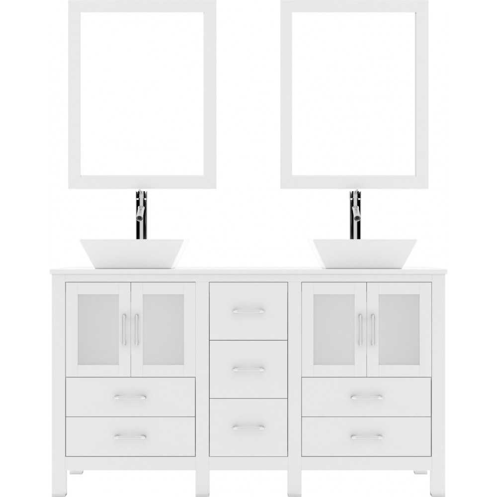 Bradford 60" Double Bath Vanity in White with White Engineered Stone Top with Brushed Nickel Faucets and Matching Mirror