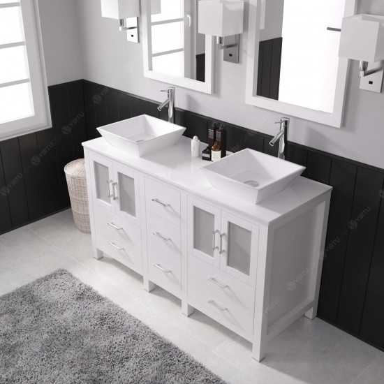 Bradford 60" Double Bath Vanity in White with White Engineered Stone Top with Brushed Nickel Faucets and Matching Mirror