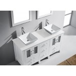 Bradford 60" Double Bath Vanity in White with White Engineered Stone Top with Brushed Nickel Faucets and Matching Mirror