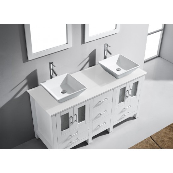 Bradford 60" Double Bath Vanity in White with White Engineered Stone Top with Brushed Nickel Faucets and Matching Mirror