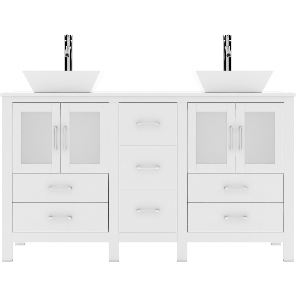 Bradford 60" Double Bath Vanity in White with White Engineered Stone Top with Brushed Nickel Faucets