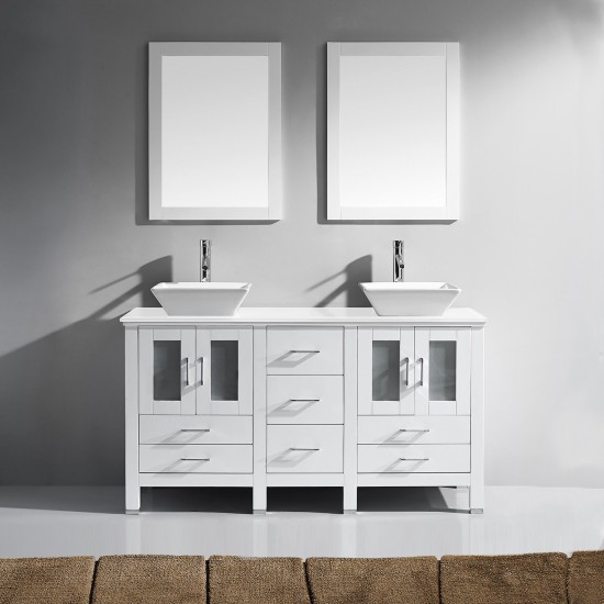 Bradford 60" Double Bath Vanity in White with White Engineered Stone Top with Brushed Nickel Faucets