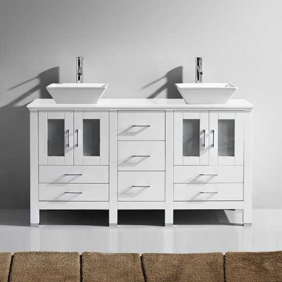 Bradford 60" Double Bath Vanity in White with White Engineered Stone Top