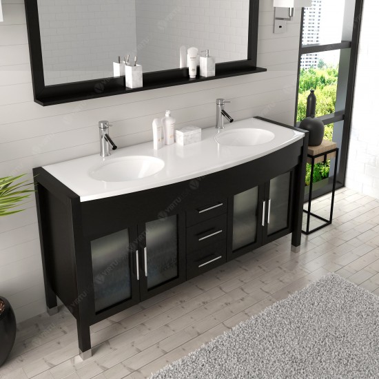 Ava 63" Double Bath Vanity in Espresso with White Engineered Stone Top and Round Sinks with Brushed Nickel Faucets and Mirror