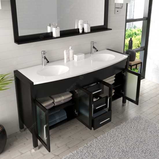 Ava 63" Double Bath Vanity in Espresso with White Engineered Stone Top and Round Sinks with Brushed Nickel Faucets and Mirror