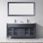 Ava 63" Double Bath Vanity in Gray with White Engineered Stone Top and Round Sinks and Matching Mirror