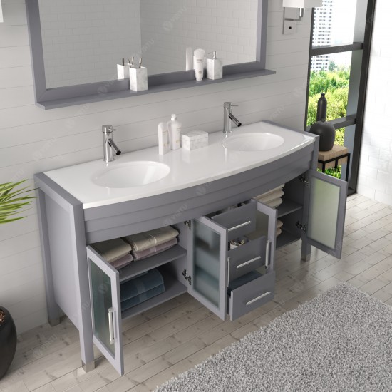 Ava 63" Double Bath Vanity in Gray with White Engineered Stone Top and Round Sinks and Matching Mirror