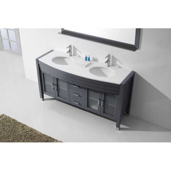 Ava 63" Double Bath Vanity in Gray with White Engineered Stone Top and Round Sinks and Matching Mirror