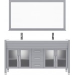 Ava 63" Double Bath Vanity in Gray with White Engineered Stone Top and Round Sinks with Brushed Nickel Faucets and Mirror