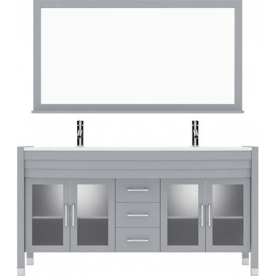 Ava 63" Double Bath Vanity in Gray with White Engineered Stone Top and Round Sinks with Brushed Nickel Faucets and Mirror