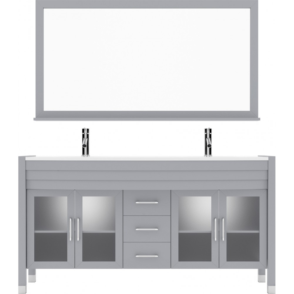 Ava 63" Double Bath Vanity in Gray with White Engineered Stone Top and Round Sinks with Brushed Nickel Faucets and Mirror