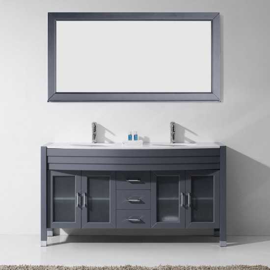 Ava 63" Double Bath Vanity in Gray with White Engineered Stone Top and Round Sinks with Brushed Nickel Faucets and Mirror