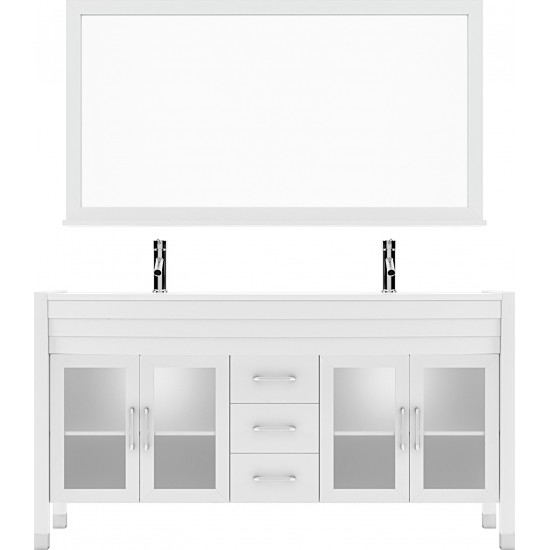 Ava 63" Double Bath Vanity in White with White Engineered Stone Top and Round Sinks with Brushed Nickel Faucets and Mirror