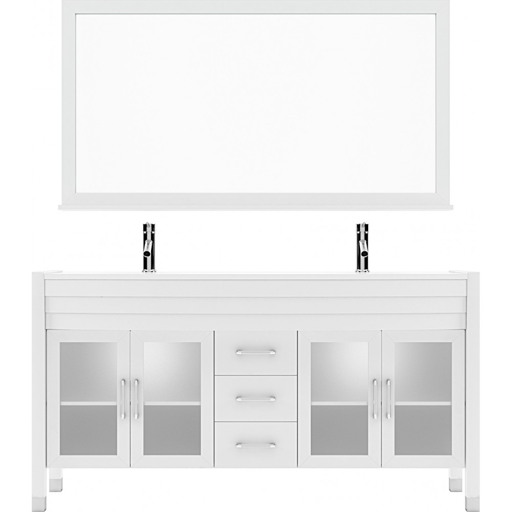 Ava 63" Double Bath Vanity in White with White Engineered Stone Top and Round Sinks with Brushed Nickel Faucets and Mirror