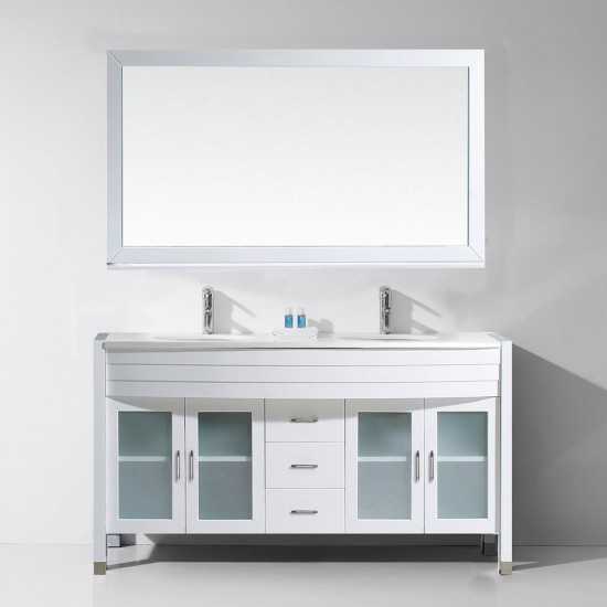 Ava 63" Double Bath Vanity in White with White Engineered Stone Top and Round Sinks with Brushed Nickel Faucets and Mirror