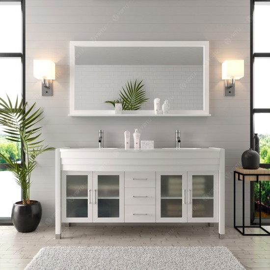 Ava 63" Double Bath Vanity in White with White Engineered Stone Top and Round Sinks with Brushed Nickel Faucets and Mirror