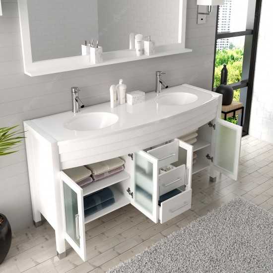 Ava 63" Double Bath Vanity in White with White Engineered Stone Top and Round Sinks with Brushed Nickel Faucets and Mirror