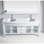 Ava 63" Double Bath Vanity in White with White Engineered Stone Top and Round Sinks with Brushed Nickel Faucets and Mirror