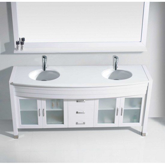 Ava 63" Double Bath Vanity in White with White Engineered Stone Top and Round Sinks with Brushed Nickel Faucets and Mirror