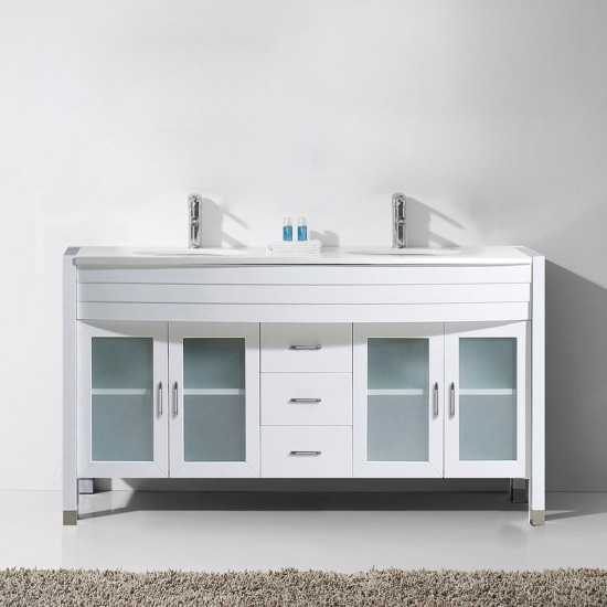 Ava 63" Double Bath Vanity in White with White Engineered Stone Top and Round Sinks