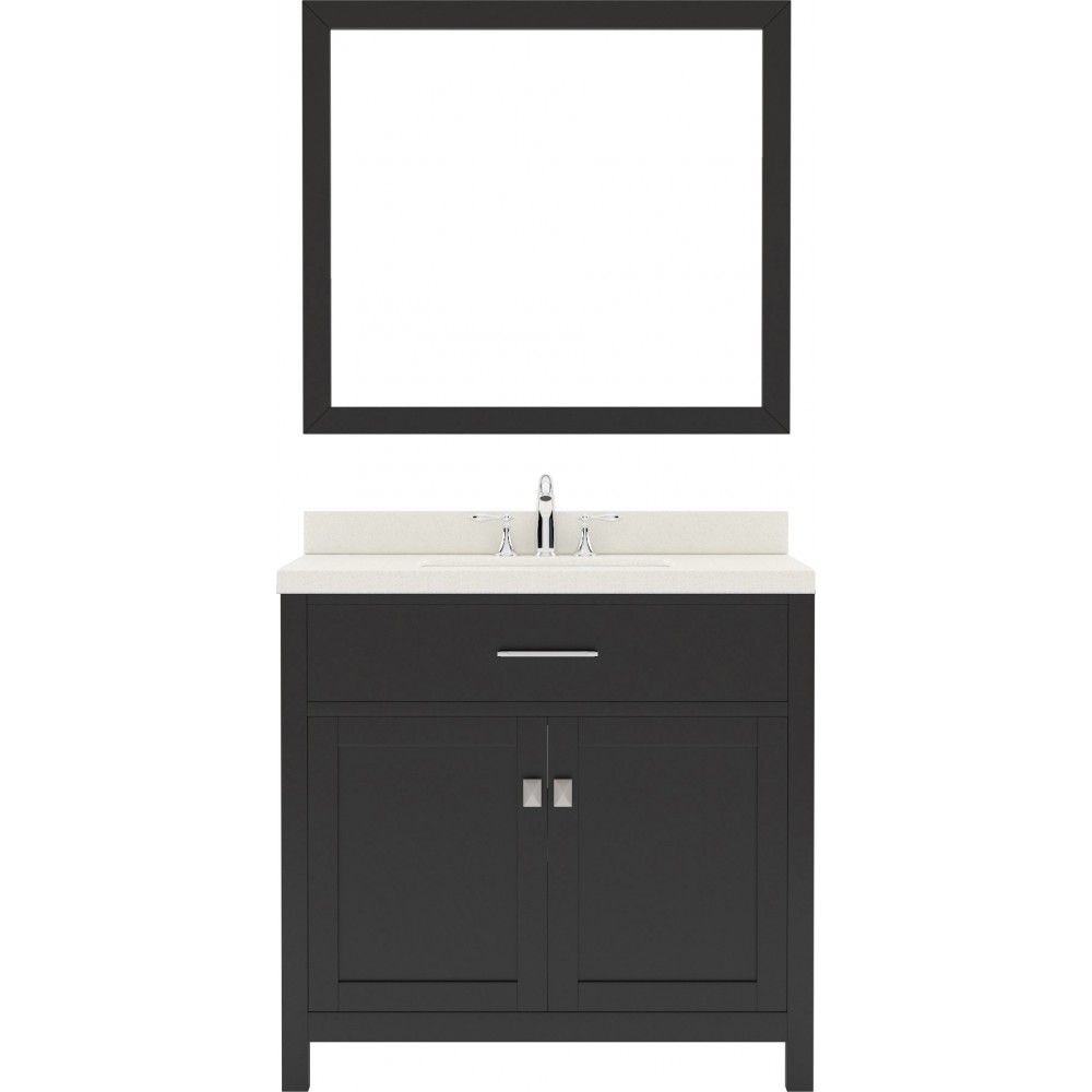 Caroline 36" Single Bath Vanity in Espresso with White Quartz Top and Round Sink with Polished Chrome Faucet and Matching Mir