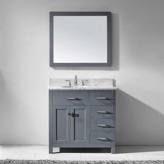 Caroline Parkway 36" Single Bath Vanity in Gray with White Marble Top and Round Sink with Brushed Nickel Faucet and Mirror