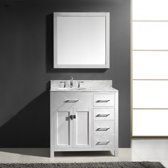 Caroline Parkway 36" Single Bath Vanity in White with White Marble Top and Round Sink and Matching Mirror