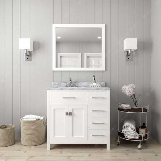 Caroline Parkway 36" Single Bath Vanity in White with White Marble Top and Round Sink and Matching Mirror