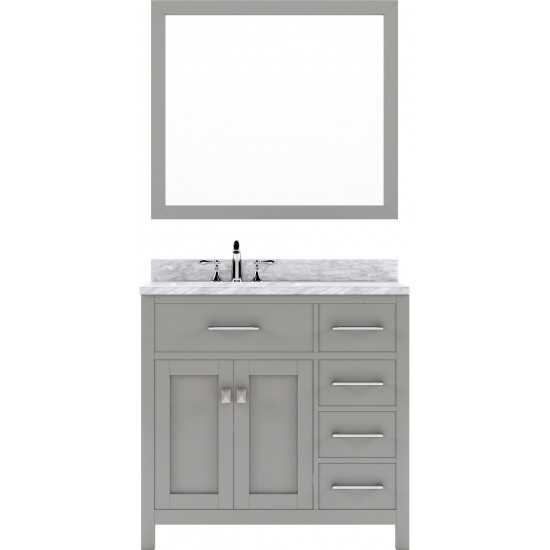 Caroline Parkway 36" Single Vanity in Cashmere Gray with White Marble Top and Square Sink with Brushed Nickel Faucet and Mirr