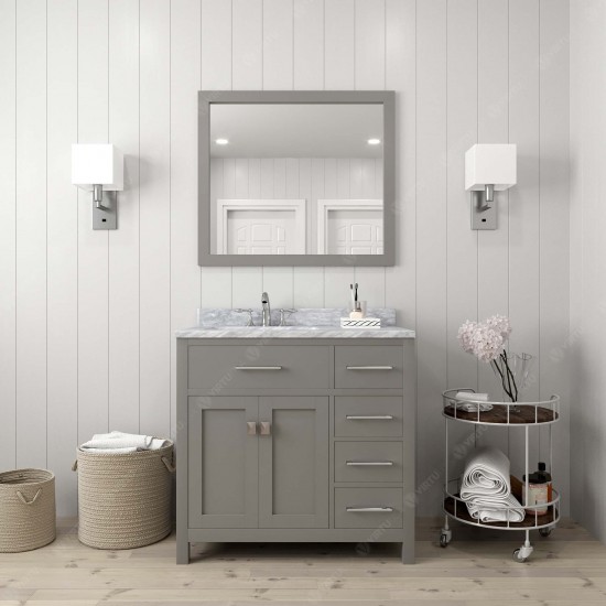 Caroline Parkway 36" Single Vanity in Cashmere Gray with White Marble Top and Square Sink with Brushed Nickel Faucet and Mirr