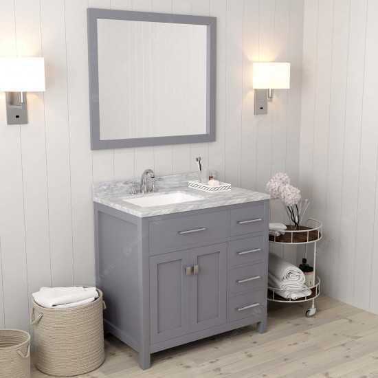 Caroline Parkway 36" Single Bath Vanity in Gray with White Marble Top and Square Sink with Brushed Nickel Faucet and Mirror