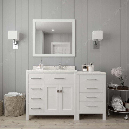 Caroline Parkway 57" Single Bath Vanity in White with White Quartz Top and Round Sink with Polished Chrome Faucet and Mirror