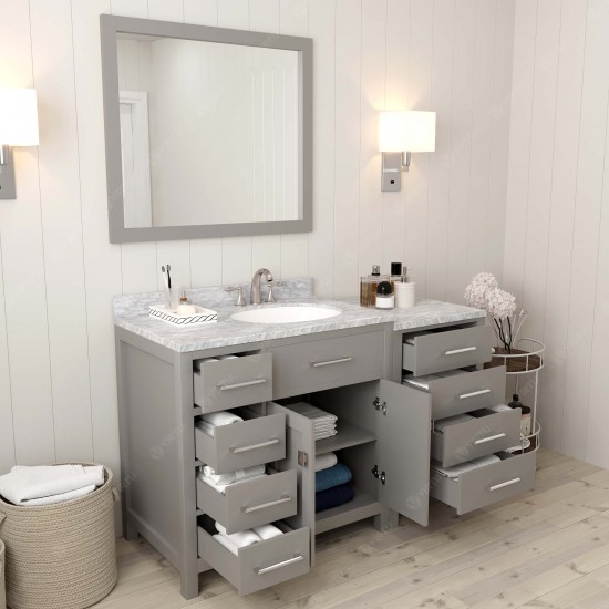 Caroline Parkway 57" Single Bath Vanity in Cashmere Gray with White Marble Top and Round Sink and Matching Mirror