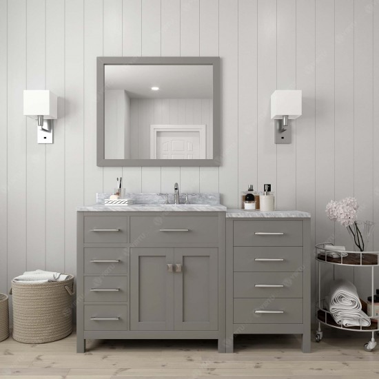 Caroline Parkway 57" Single Vanity in Cashmere Gray with White Marble Top and Round Sink with Brushed Nickel Faucet and Mirro