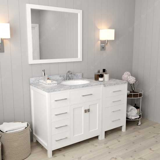 Caroline Parkway 57" Single Bath Vanity in White with White Marble Top and Round Sink with Brushed Nickel Faucet and Mirror