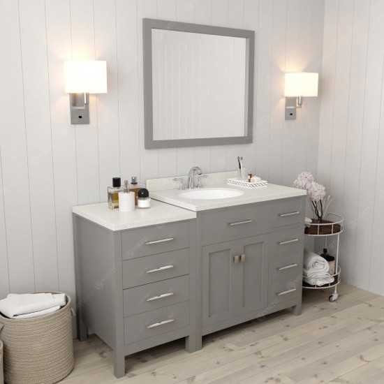 Caroline Parkway 57" Single Vanity in Cashmere Gray with White Quartz Top and Round Sink with Polished Chrome Faucet and Mirr