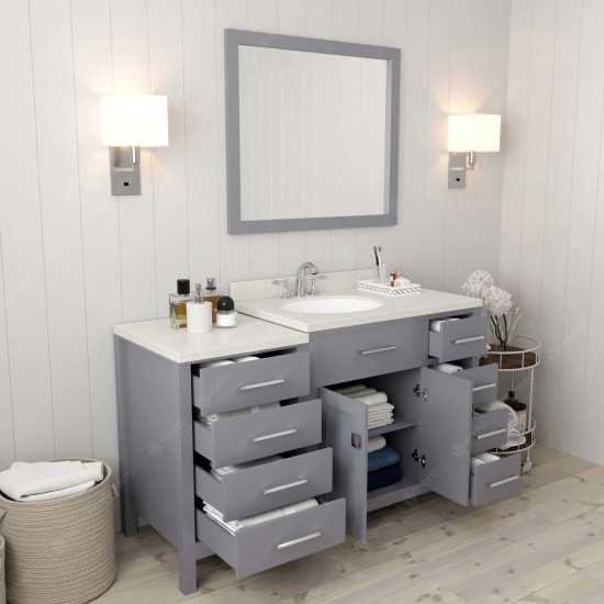 Caroline Parkway 57" Single Bath Vanity in Gray with White Quartz Top and Round Sink with Brushed Nickel Faucet and Mirror