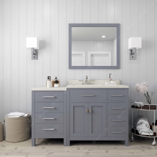 Caroline Parkway 57" Single Bath Vanity in Gray with White Quartz Top and Square Sink with Polished Chrome Faucet and Mirror