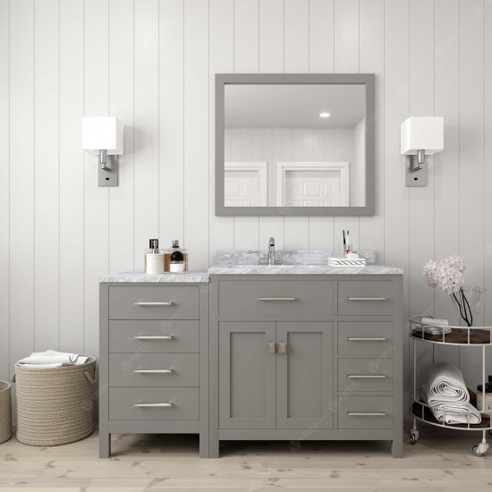 Caroline Parkway 57" Single Vanity in Cashmere Gray with White Marble Top and Round Sink with Brushed Nickel Faucet and Mirro