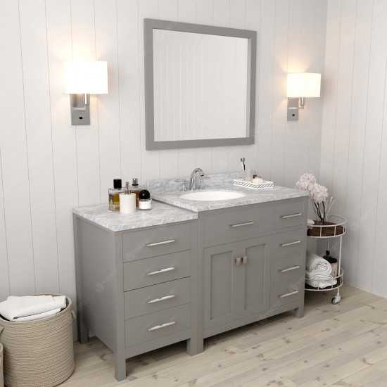 Caroline Parkway 57" Single Vanity in Cashmere Gray with White Marble Top and Round Sink with Brushed Nickel Faucet and Mirro