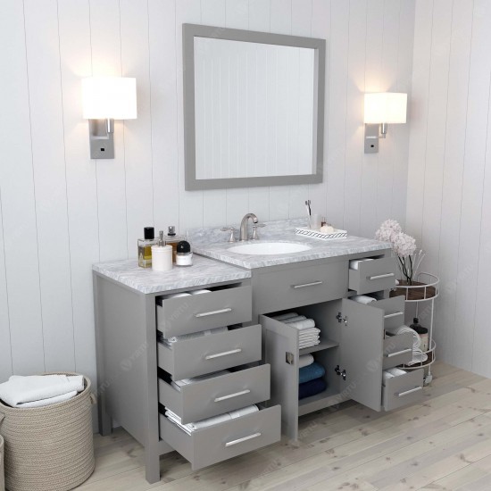 Caroline Parkway 57" Single Vanity in Cashmere Gray with White Marble Top and Round Sink with Brushed Nickel Faucet and Mirro
