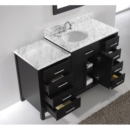 Caroline Parkway 57" Single Bath Vanity in Espresso with White Marble Top and Round Sink with Polished Chrome Faucet and Mirr